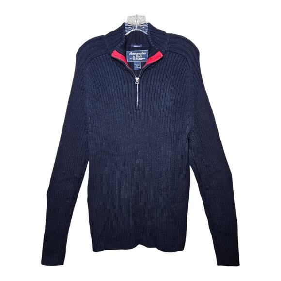 ABERCROMBIE & FITCH Men XL Sweater Muscle Ribbed 1/4 Zip Y2K Navy Red Preppy 46" - Picture 1 of 8